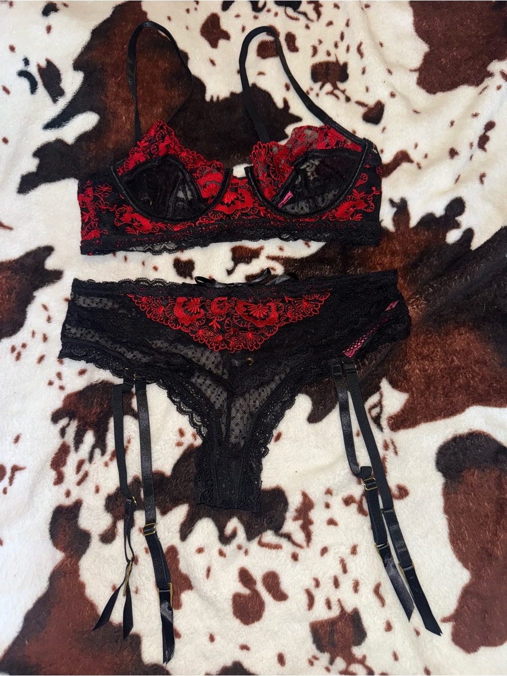 Black & Red Lace Underwire Bra and Garter Panty Set
